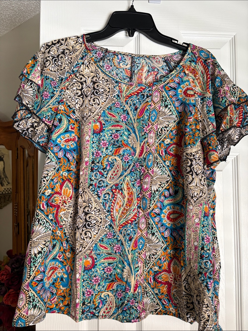 Women's Teal Multi-Color Paisley Short Sleeve Top
